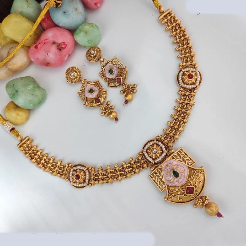 women’s evening necklaces-Heera Jewellers Gold Plated Pota Stone And  Meenakari Necklace Set