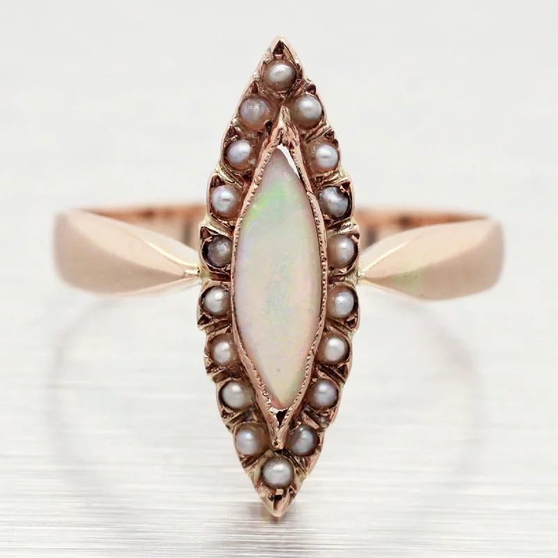 women’s round rings-Antique Art Deco Opal Marquise Cocktail Ring - 14k Yellow Gold w/ Seed Pearls