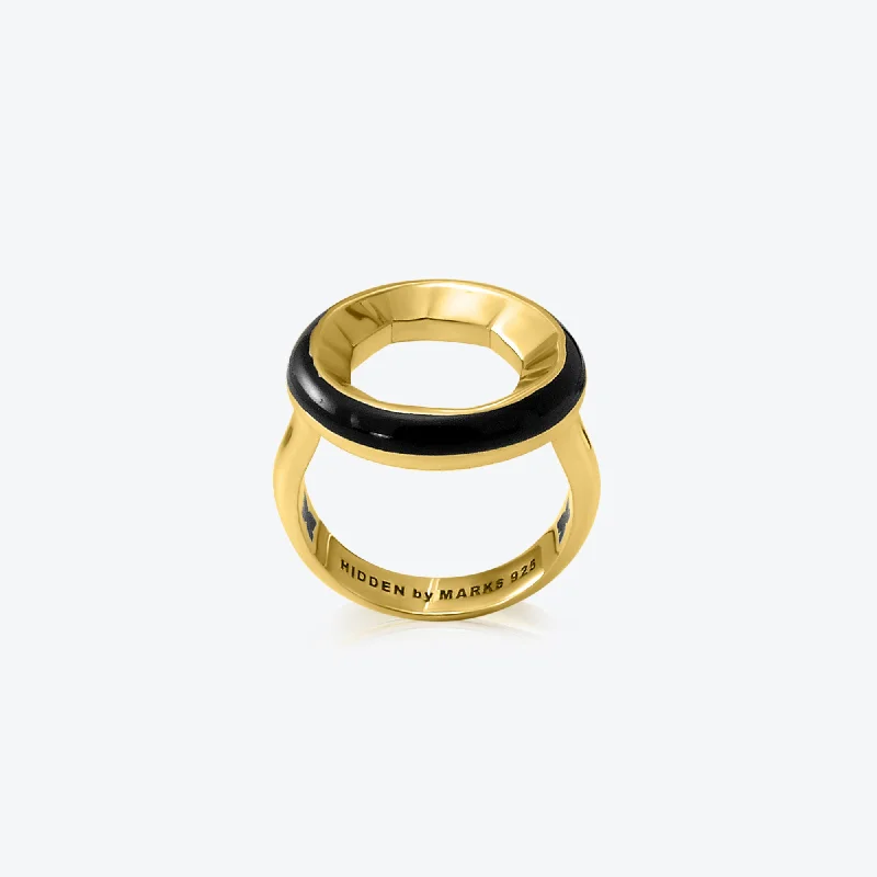 women’s pearl rings-A. Sun Halo 18K Gold Ring w. Jet Black Enamel