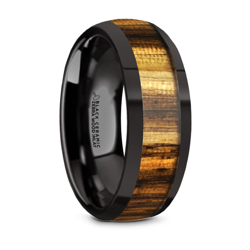 women’s vintage-inspired diamond engagement rings-Thorsten Zerra Black Ceramic Polished Finish Domed Wedding Ring w/ Zebra Wood Inlay (8mm) BC5964-DPZW