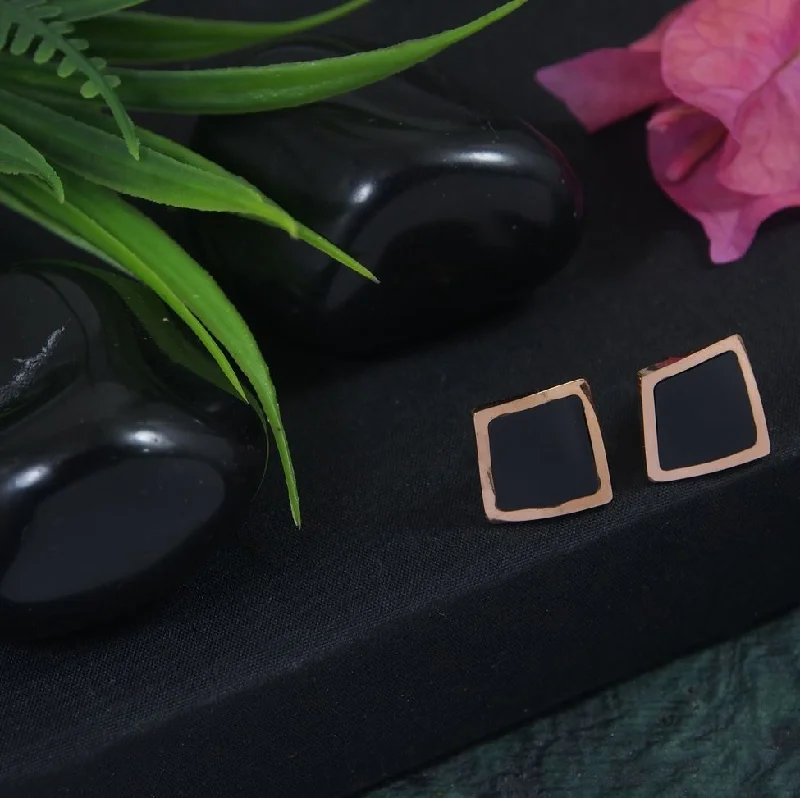 women’s colorful earrings-Tarohi JewelsStainless Steel Rosegold Plated Black Square Shaped Stud Earring-STNER 2860