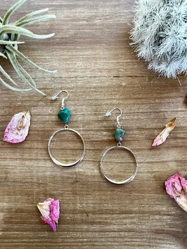 women’s stud earrings-Turquoise stone and silver mini hoop