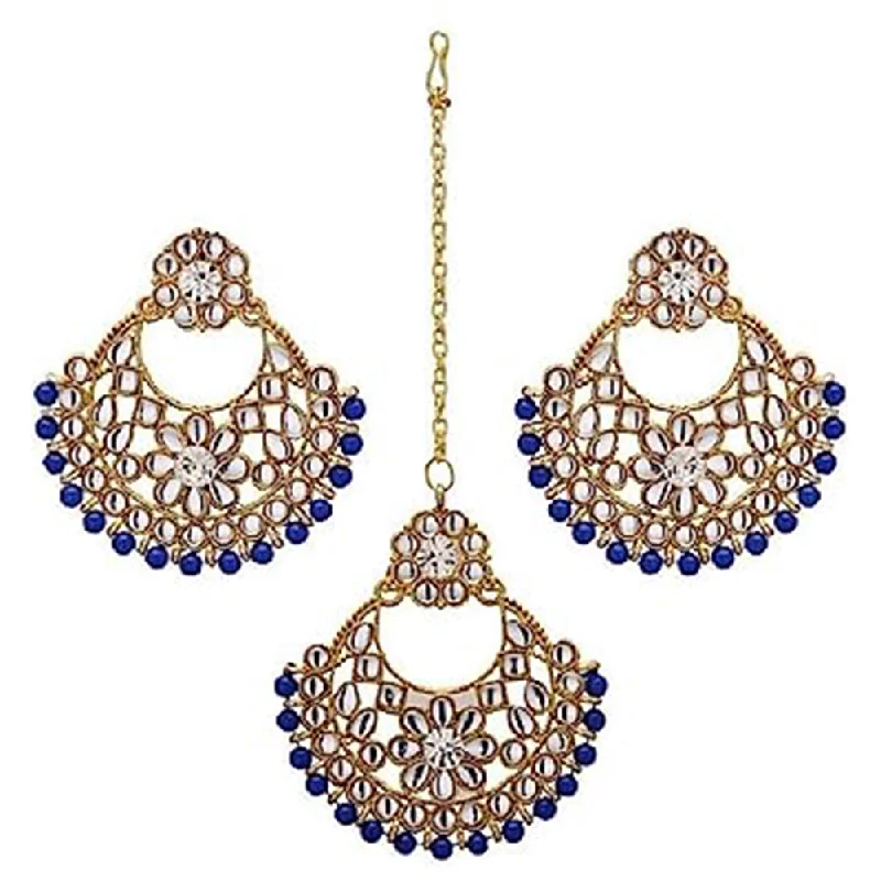 women’s flower earrings-Subhag Alankar Dark Blue Alloy Jewel Set with Maangtikka