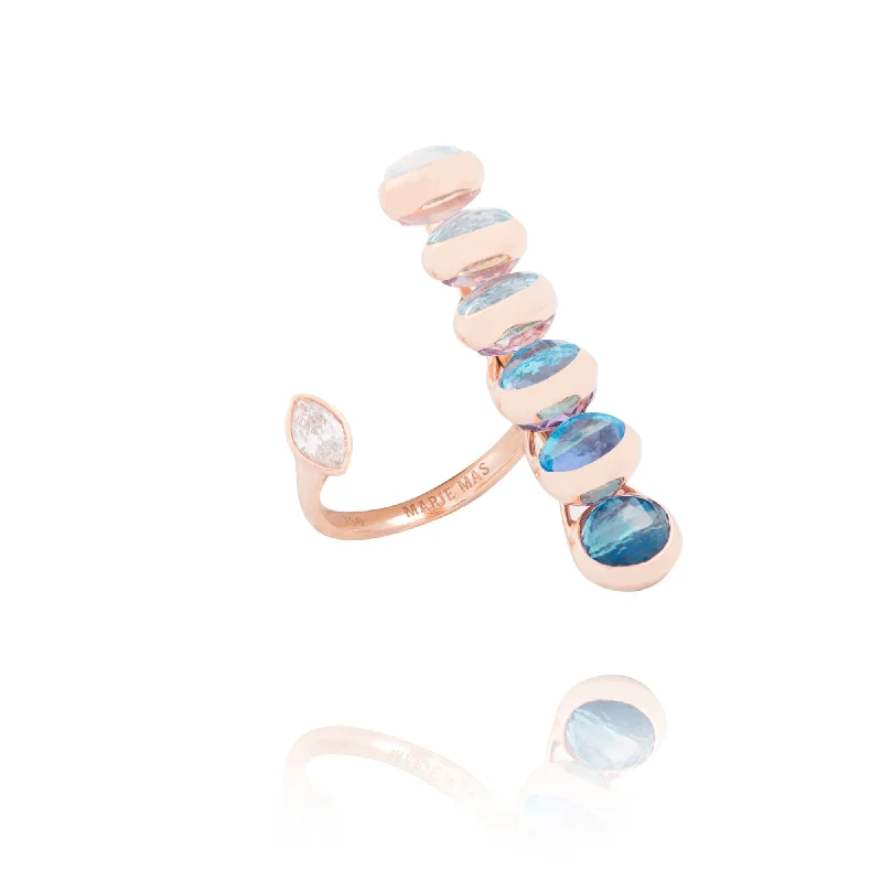 women’s eternity rings-Dancing Open 18K Rosegold Ring w. Diamonds, Quartz, Topaz &  Amethyst