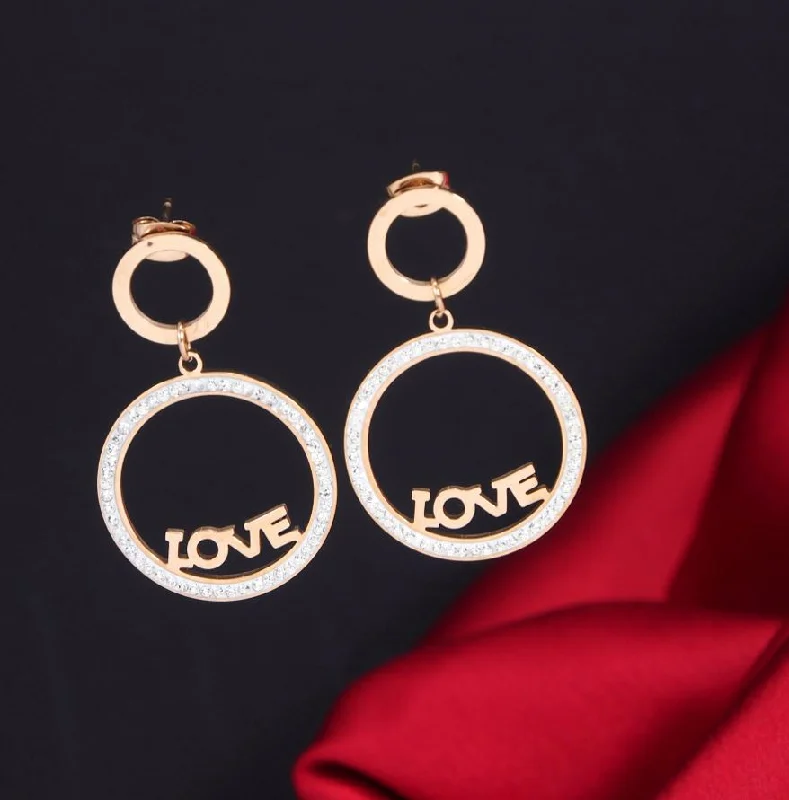 women’s colored gemstone earrings-Tarohi JewelsStainless Steel Rosegold Plated Hoops with 'LOVE' written Earring-STNER 2704