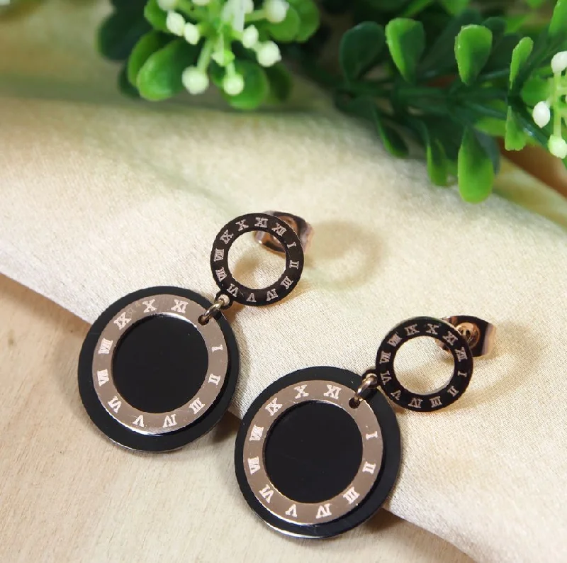 women’s anniversary earrings-Tarohi JewelsStainless Steel Rosegold Plated Roman Numerals Inlaid Black Disc Earring-STNER 2732