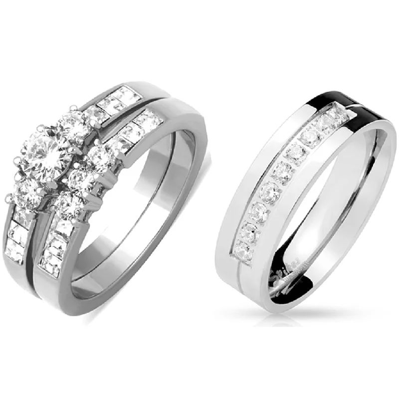 women’s promise engagement rings-His Hers 3 PCS Stainless Steel Round Cut CZ Wedding Ring set Mens 9 Round CZ Band