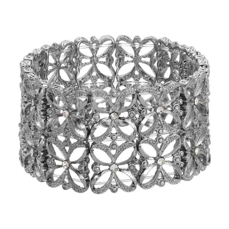 women’s cute bracelets-2028 Jewelry Ornate Filigree Flowers & Crystal Wide Stretch Bracelet