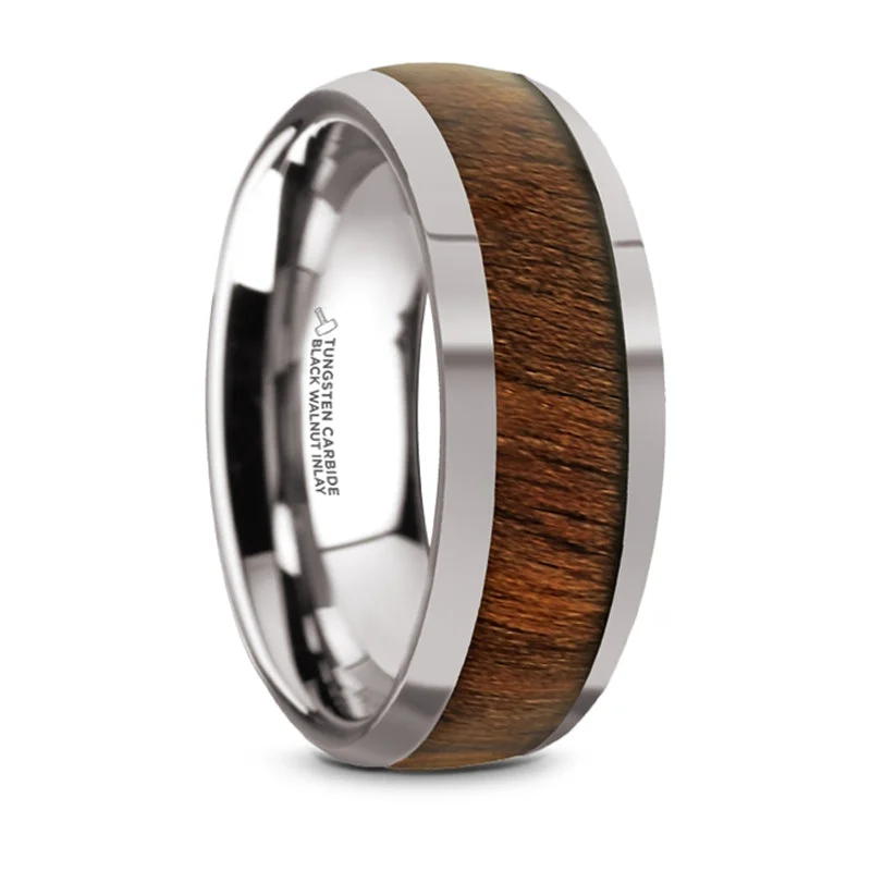 women’s traditional engagement rings-Thorsten Juglan Tungsten Carbide Polished Finish Domed Wedding Ring w/ Exotic Black Walnut Wood Inlay (8mm) TC5950-DBW