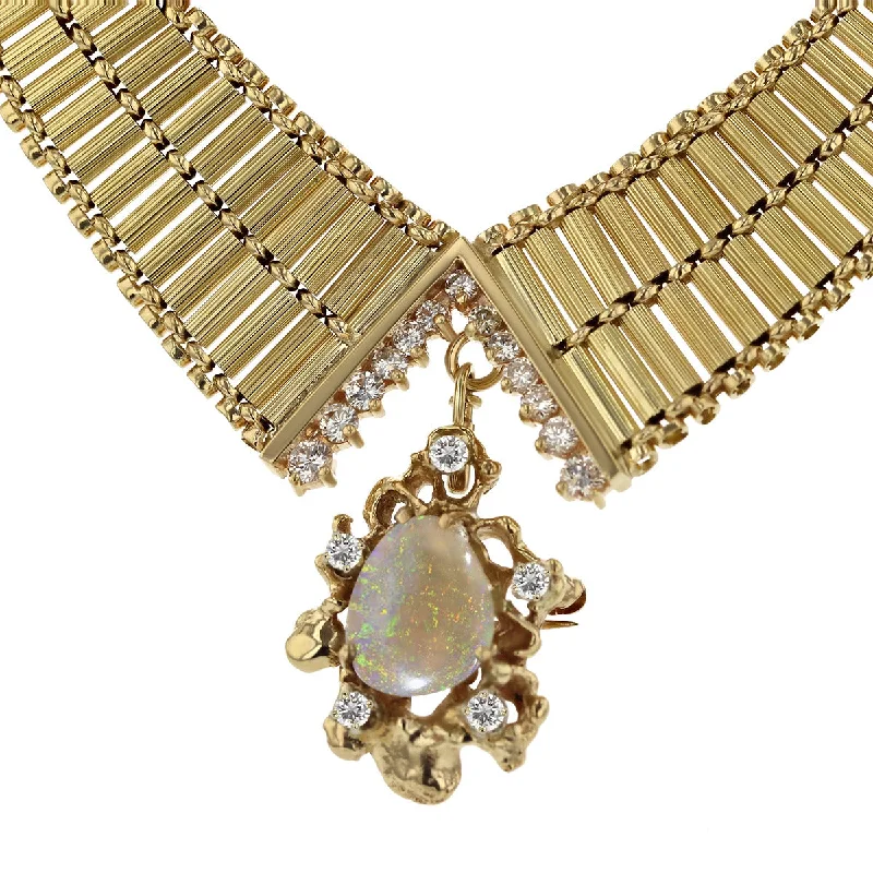 women’s custom necklaces-Bib Necklace with Diamonds and Opal Pendant