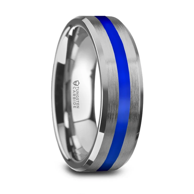 women’s nature-inspired engagement rings-Thorsten Lawson Beveled Edges White Tungsten Brushed Finish Wedding Ring w/ Blue Stripe (8mm) W5993-WTBS