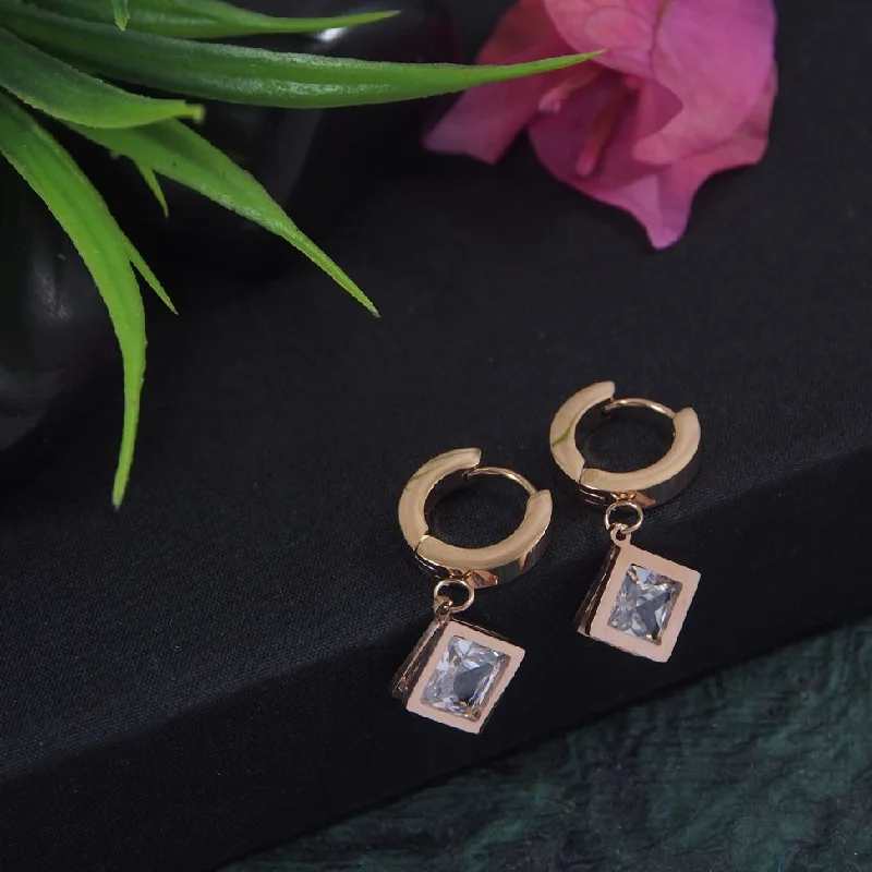 women’s birthday gift earrings-Tarohi Jewels Stainless Steel Rosegold Plated Square CZ Hoops Earring-STNER 2901