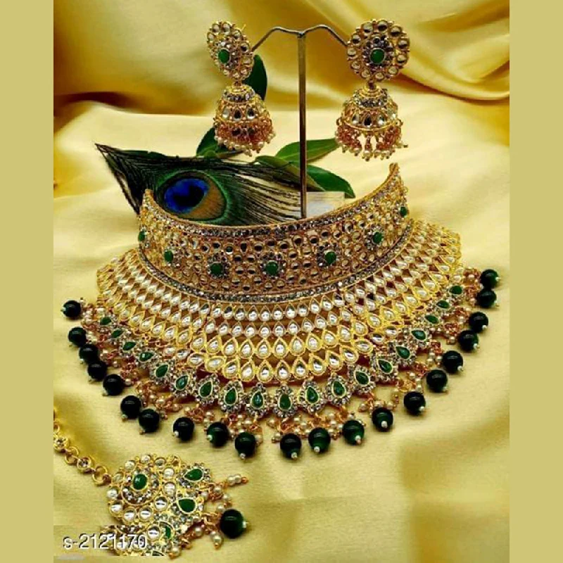 women’s silver statement necklaces-Sai Fashion Gold Plated Kundan Choker Necklace Set