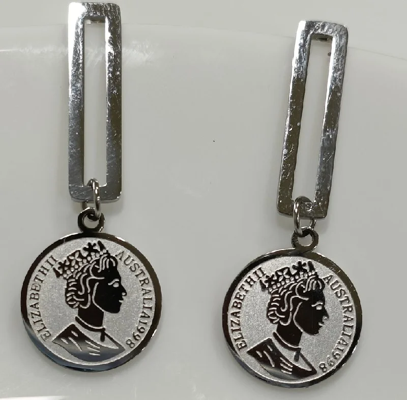 women’s dangle earrings-Tarohi Jewels Stainless Steel Gold/Rosegold/Silver Plated Hanging Queen Elizabeth Portrait Coin Drop Earring- STNER 2583