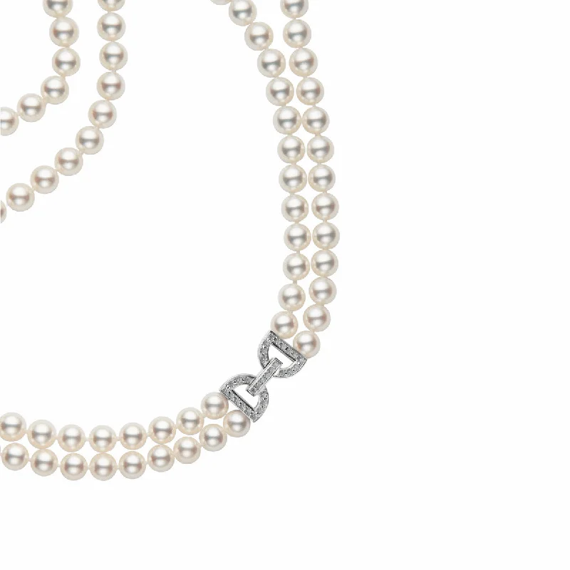 women’s charm and pendant necklaces-Akoya Cultured Pearl Double Strand Necklace with Diamond Clasp