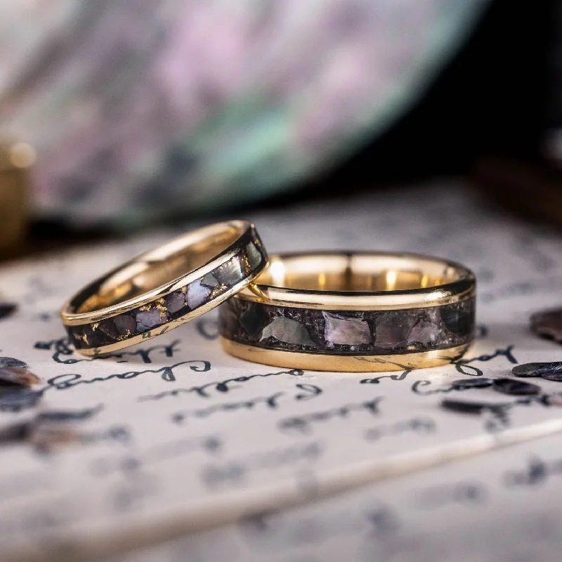 women’s yellow diamond engagement rings-The Dark Tide & Tempest - His and Hers Unique Black Mother of Pearl & Gold Wedding Ring Set