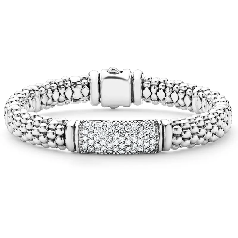 women’s engraved bracelets-Lagos Sterling Silver Signature Caviar Diamond Station 9mm Bracelet