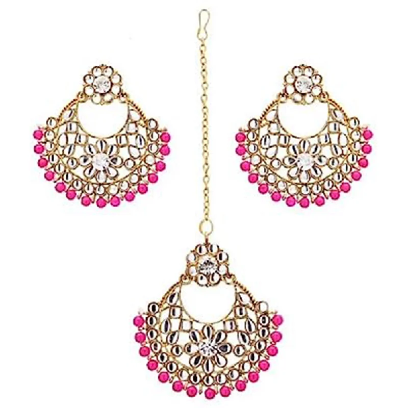 women’s star earrings-Subhag Alankar Pink Alloy Jewel Set with Maangtikka