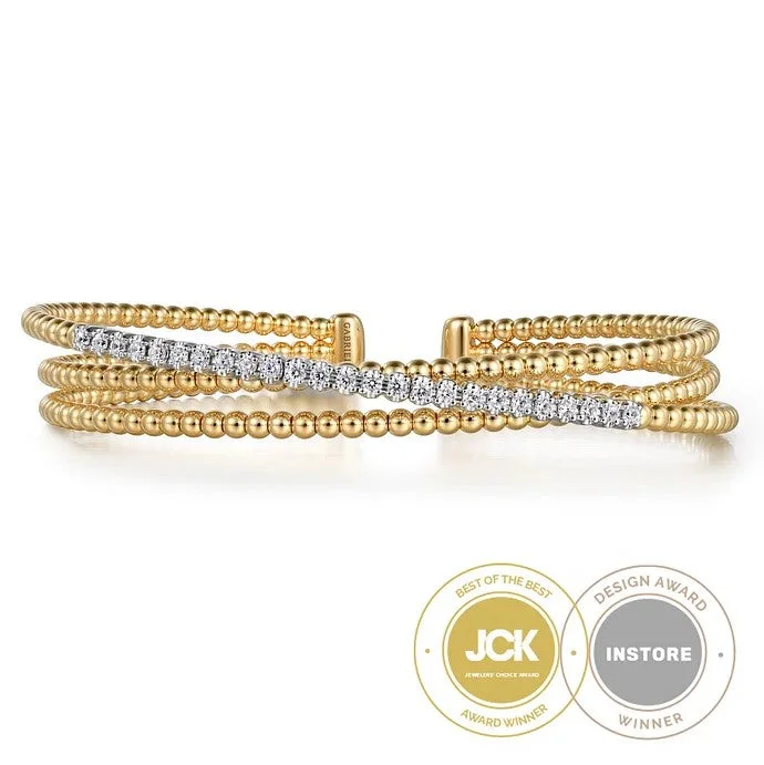 women’s elegant bangles-Gabriel 14K White-Yellow Diamond Criss Cross Bangle