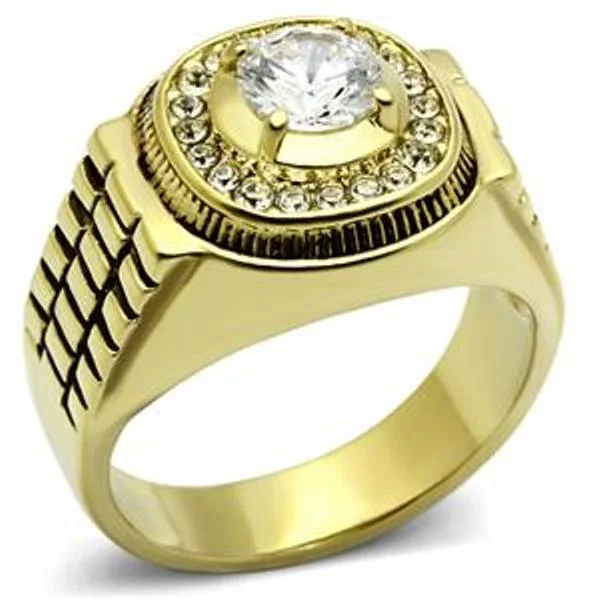 women’s three-stone engagement rings-6x6mm Round CZ Gold IP Stainless Steel Mens Wedding Ring