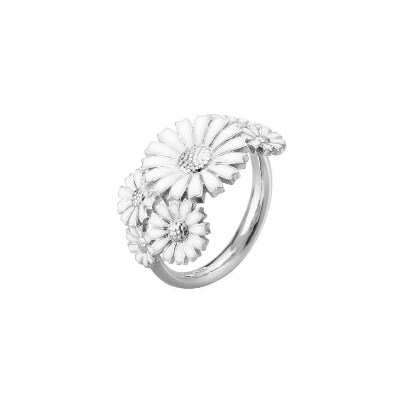 women’s platinum rings-Daisy Layered Silver Ring w. White Enamel