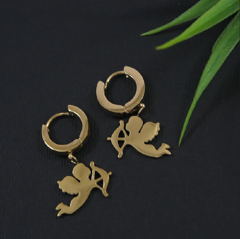 women’s ear cuff earrings-Tarohi Jewels Stainless Steel Gold Plated Lovely Cupid Angel Hoops Earring- STNER 3889