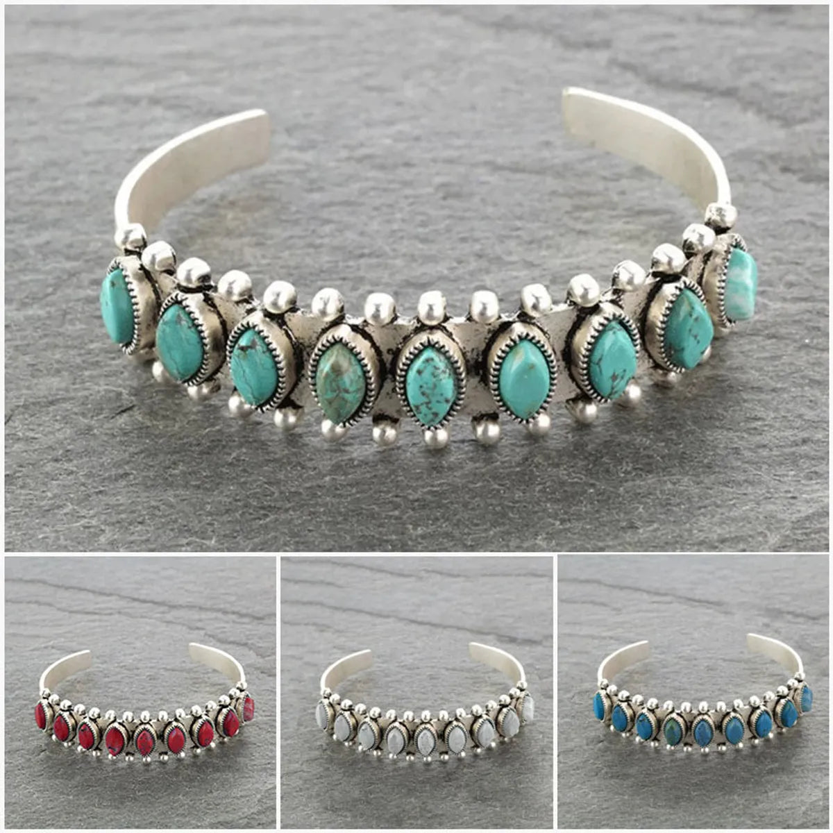 women’s tennis bracelets-Ethnic Style Cross Oval Monogram Metal Inlay Turquoise Unisex Cuff Bracelets