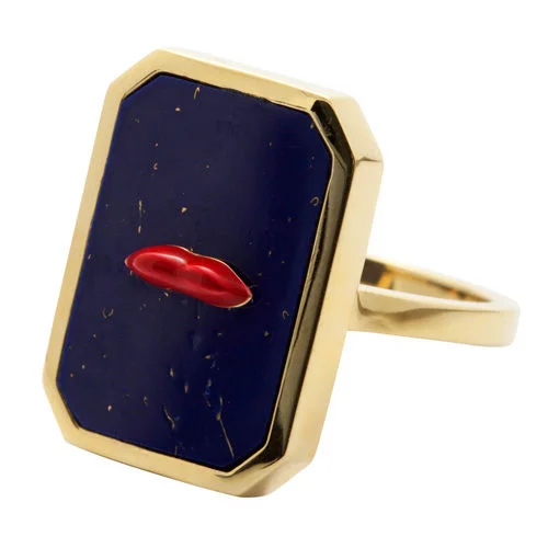 women’s diamond engagement rings-One Lip Red & Blue Gold Plated Ring