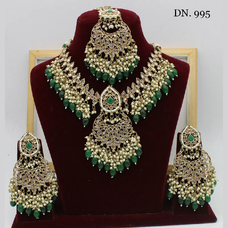 women’s classic necklaces-India Art Kundan Stone & Beads Gold Plated Necklace Set