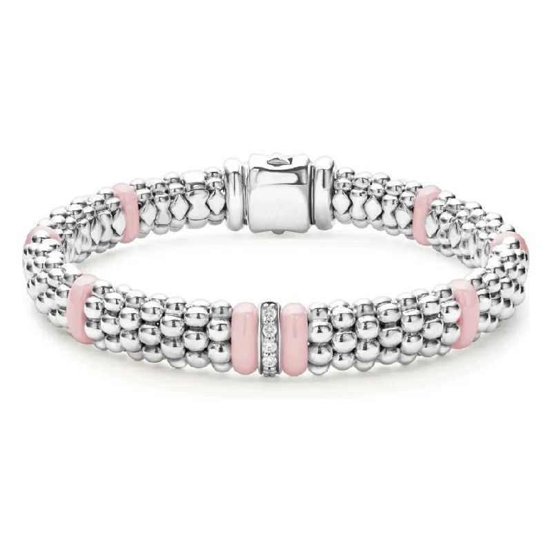 women’s luxury bangles-Lagos Sterling Silver & Pink Caviar Single Diamond Station Bracelet