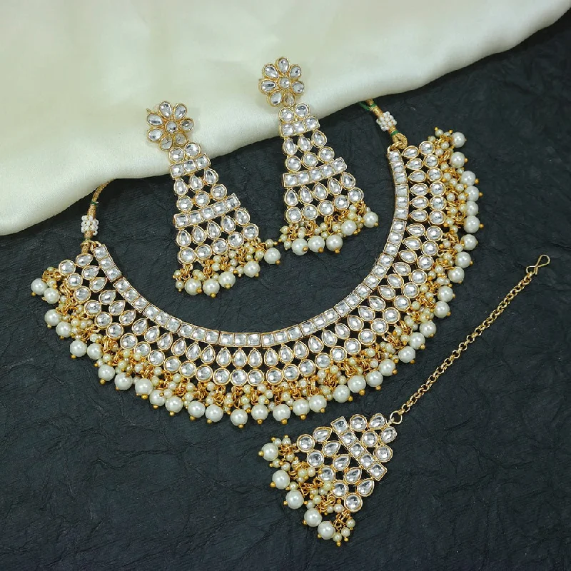 women’s friendship necklaces-Etnico Gold-plated and Pearl Necklace Set With Maang Tika & Earrings for Women (White)