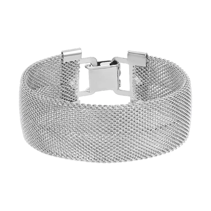 women’s statement cuff bracelets-1928 Jewelry Silver d'Arc Woven Mesh Clasp Bracelet, 7.5"L