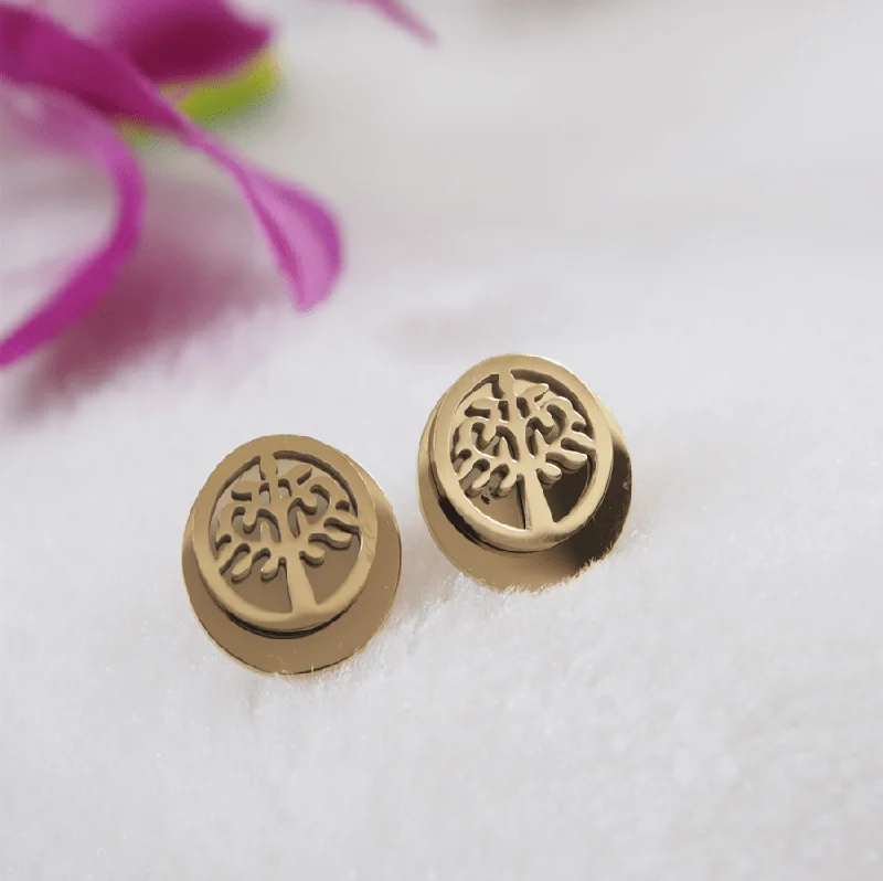 women’s handmade earrings-Tarohi Jewels Stainless Steel Gold Plated Tree Stud Earring- STNER 3904