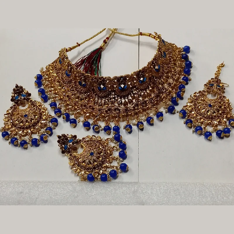 women’s gold statement necklaces-Kumavat Jewels Gold Plated Kundan Stone And Beads Traditional Choker Necklace Set with Maang Tikka