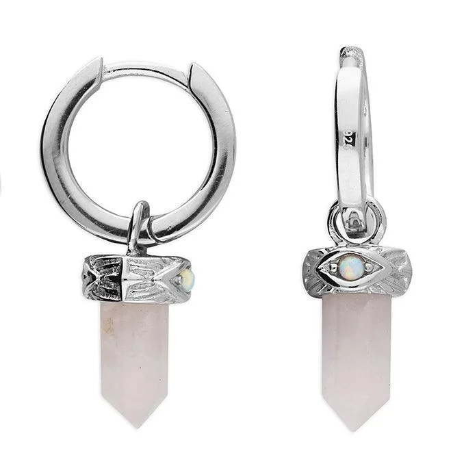 women’s wedding earrings-Silver Huggie with Rose Quartz Charm