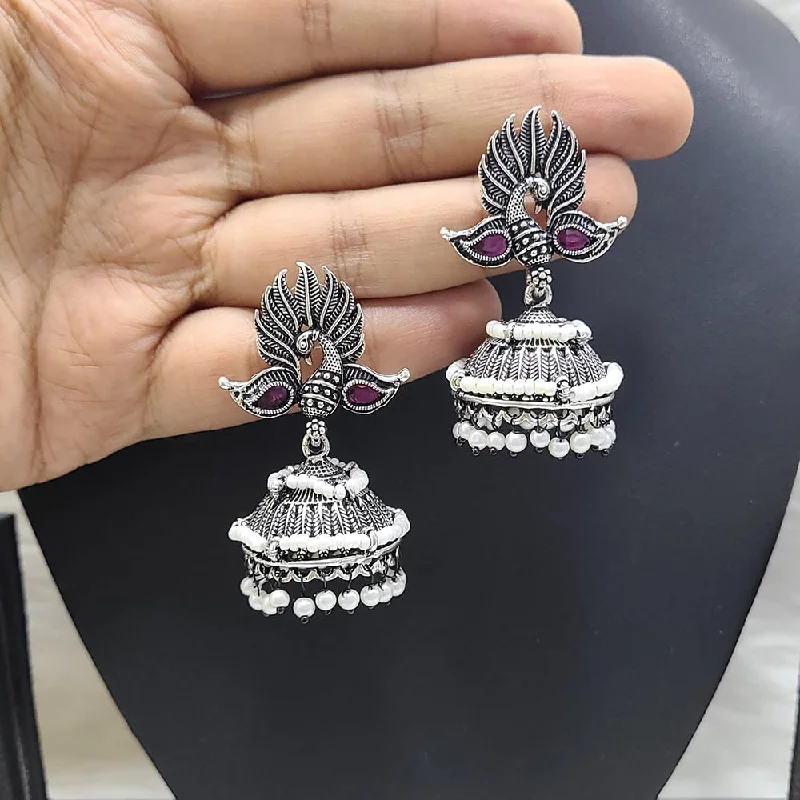 women’s custom earrings-FS Collection Oxidised Plated Pota Stone And Pearls Jhumki