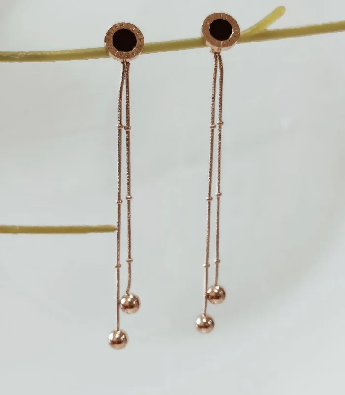 women’s diamond stud earrings-Tarohi JewelsStainless Steel Rosegold Plated Double Long Chain Earring-STNER 2555