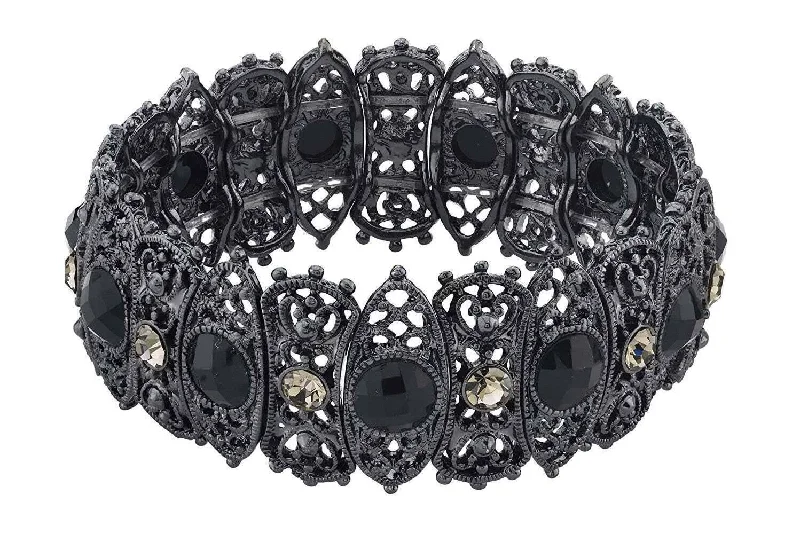 women’s bracelets-2028 Jewelry Black Diamond Crystal Filigree Stretch Bracelet