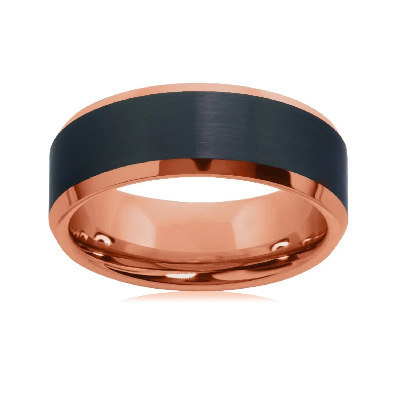 women’s traditional engagement rings-8MM Wedding Ring in Rose Tungsten with Black Satin Center