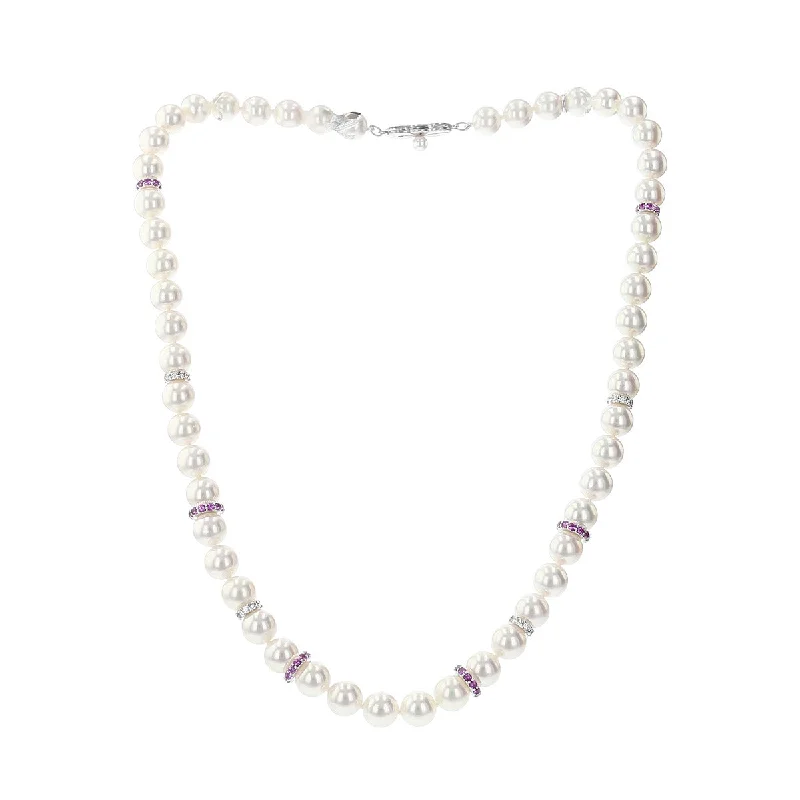 women’s bridal necklaces-Akoya Cultured Pearl, Pink Sapphire and Diamond Necklace