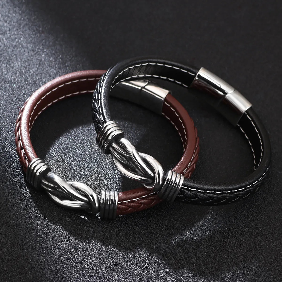 women’s bohemian bracelets-Hip-hop Solid Color Stainless Steel Pu Leather Men's Bangle