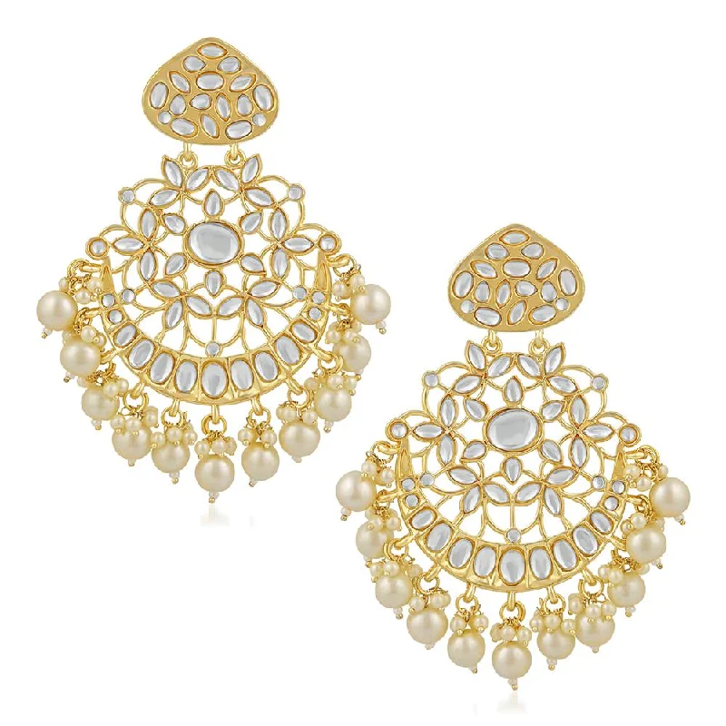 women’s diamond stud earrings-Mahi Ethnic Gold Plated White Kundan Chandbali Earring For Women VECJ100194