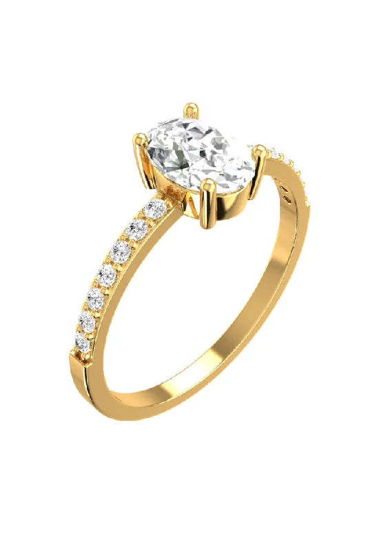 women’s nature rings-Solitaire Oval Pavé 18K Gold Ring w. Lab-Grown Diamonds