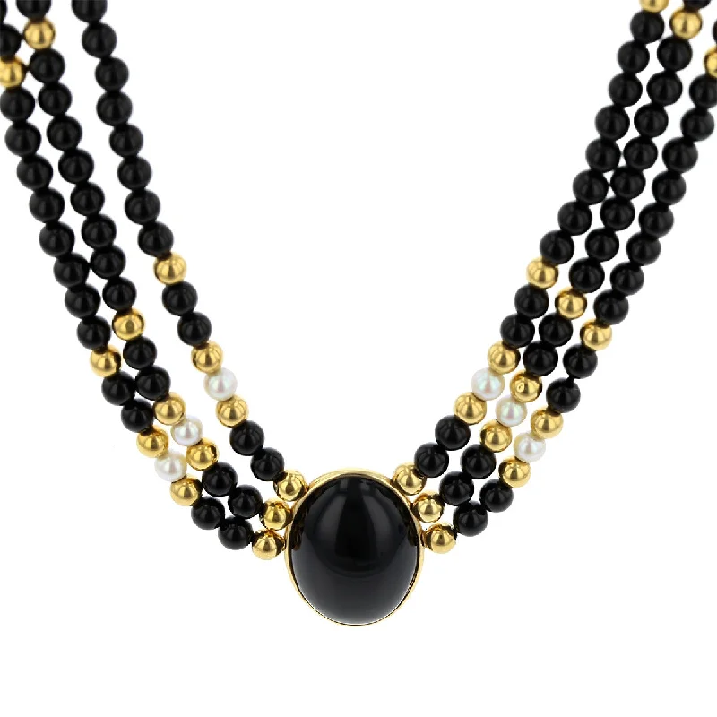 women’s engraved necklaces-Black Onyx and Pearl Triple Strand Necklace