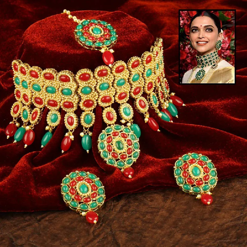 women’s multi-strand necklaces-Etnico Traditional Deepika Style Gold Plated Multicolour Bridal Pearl Choker Necklace Set with Maang Tikka for Women