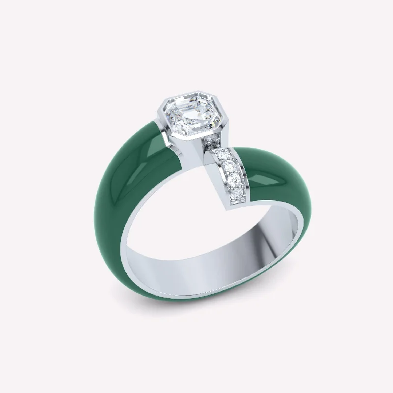 women’s fine rings-Toi et Moi Green Asscher 18K Whitegold Ring w. Lab-Grown Diamonds