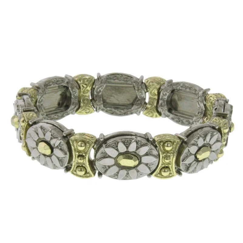 women’s bold bracelets-2028 Jewelry Oval Floral Two Tone Stretch Bracelet