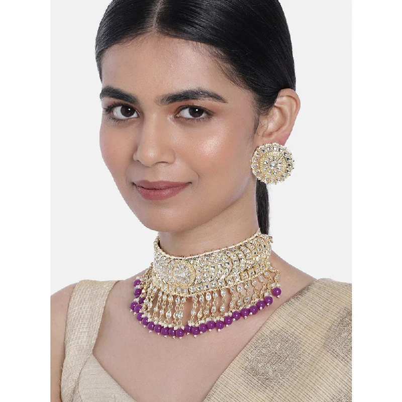 women’s gemstone necklaces-Etnico 18K Gold Plated Traditional Kundan & Pearl Studded Choker Necklace Set For Women/Girls (K7210Pu)