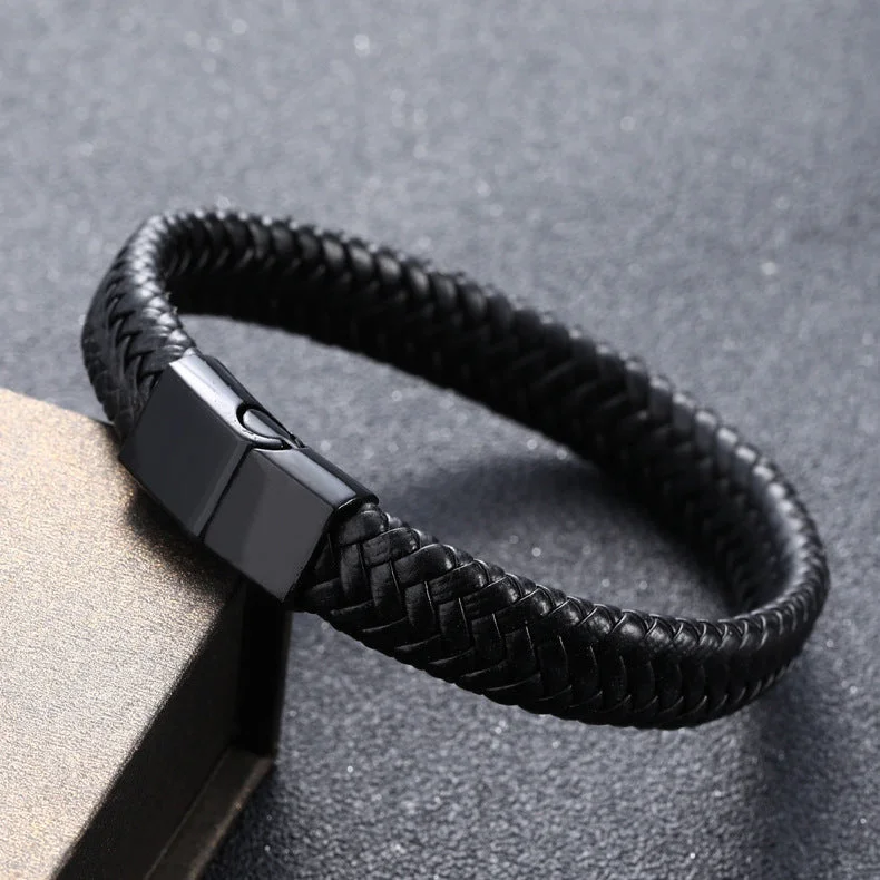 Leather Single Layer Black Buttons Black Leather Bracelet