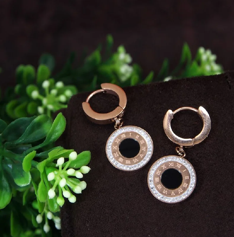 women’s chandelier earrings-Tarohi JewelsStainless Steel Rosegold Plated Roman Numerals Hoops Earring-STNER 2768